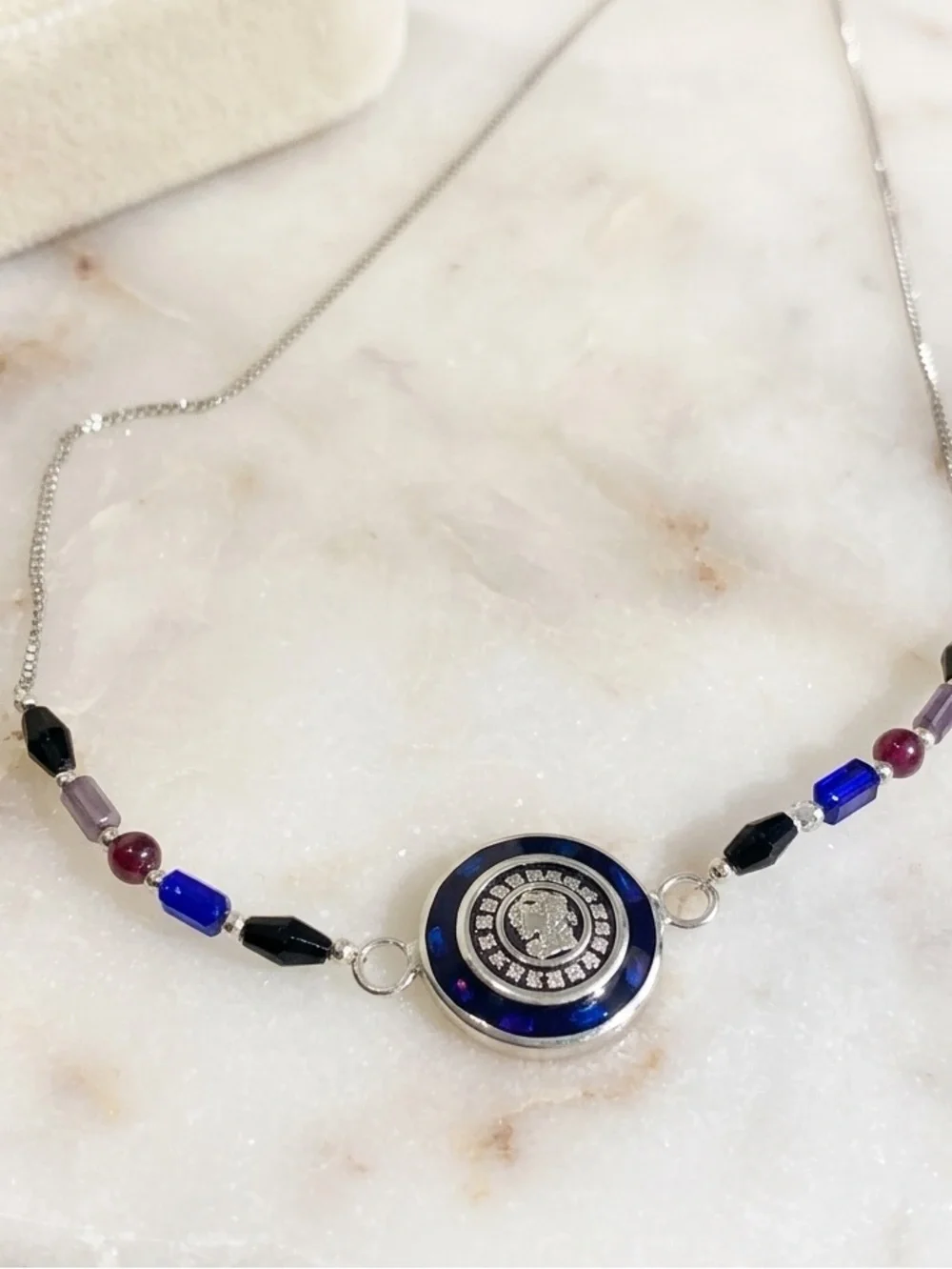 Silver sterling Necklace mayan jaguar strenght protection onyx crystals 16 inch